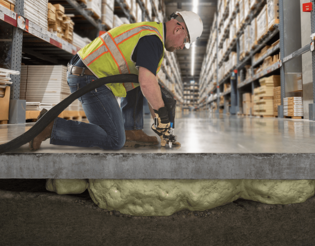 Specialist stabilizing sunken sidewalk slab with measured foam injection equipment